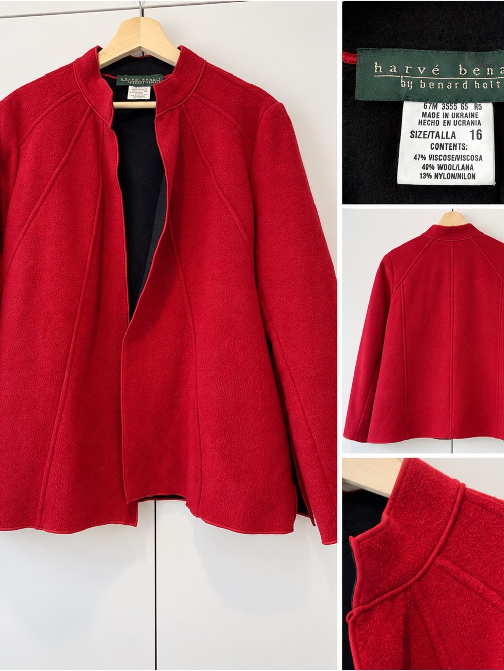 Harve Benard Red Wool-Blend Stand Collar Pea Coat